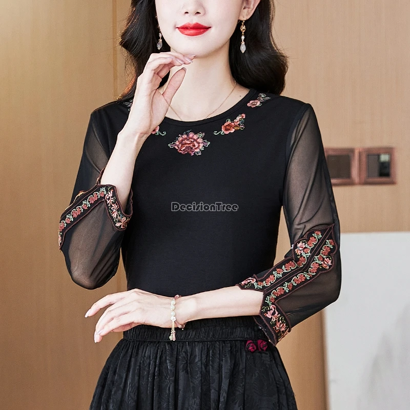 

2024 chinese national style embroidery base blouse thin long yarn sleeve round collar disc buckle sexy elegant top woman t001