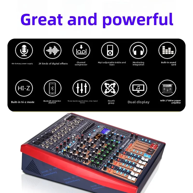 Mixer with power amplifier effect sound control equalization performer home