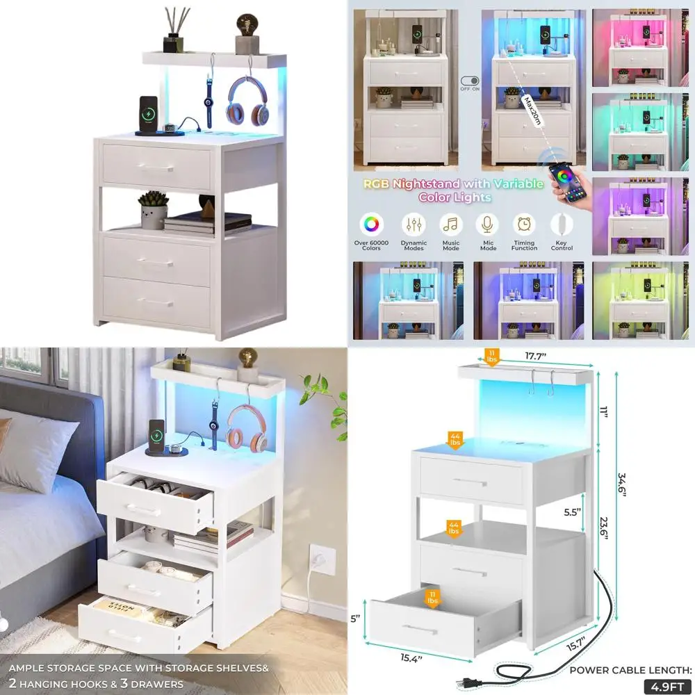 

Contemporary LED Nightstand with Charging Port, 3-Drawer Bedside Table with LED Lighting, White Storage Nightstands for Bedroom
