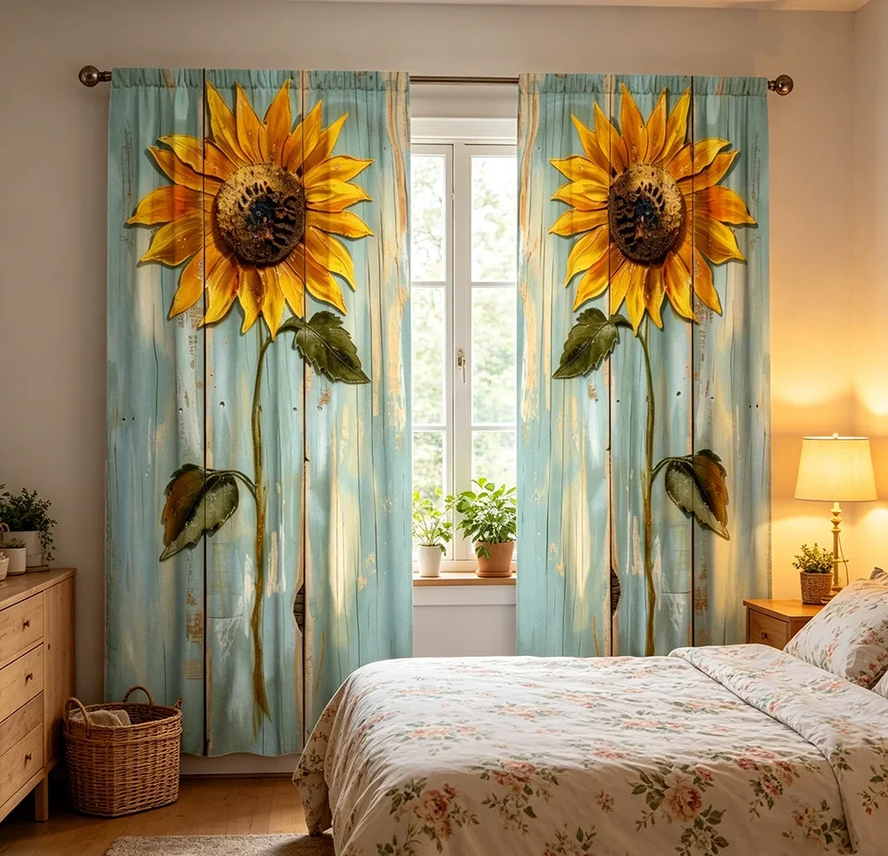 Digital Printed Curtains, Blue Wood Sunflowers Pattern, Beautiful Window Drapes for Living Room Bedroom Home Decor