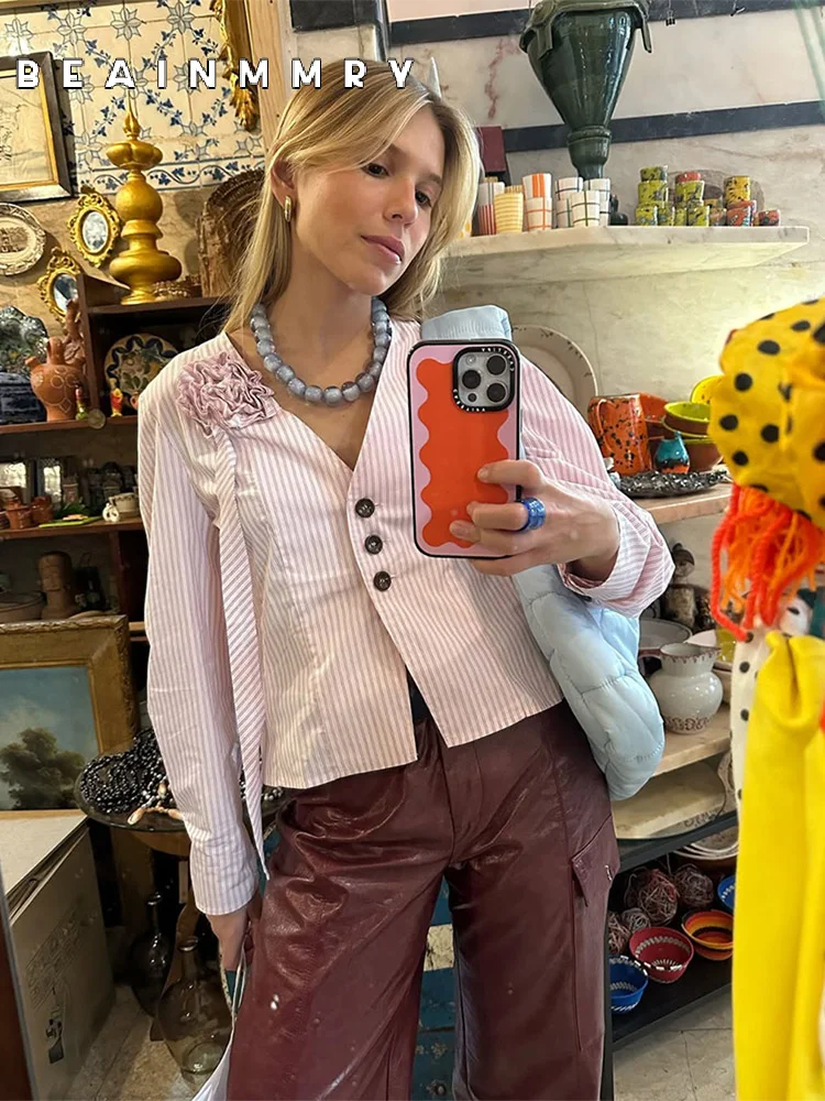 

Elegant Striped Women 3d Flowers Blouse Fashion V Neck Long Sleeved Single-breasted Shirt 2025 Spring New Female Commuting Tops