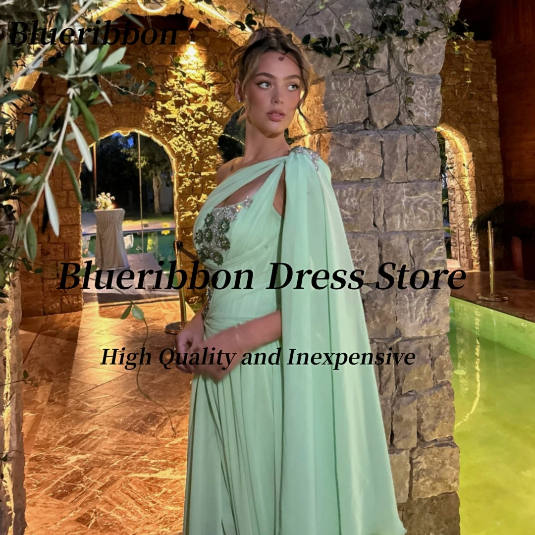 Blueribbon Keyhole één schouder galajurken op maat gemaakte kralen Robe Des Soiree lange ruches chiffon verjaardagsfeestje avondjurk