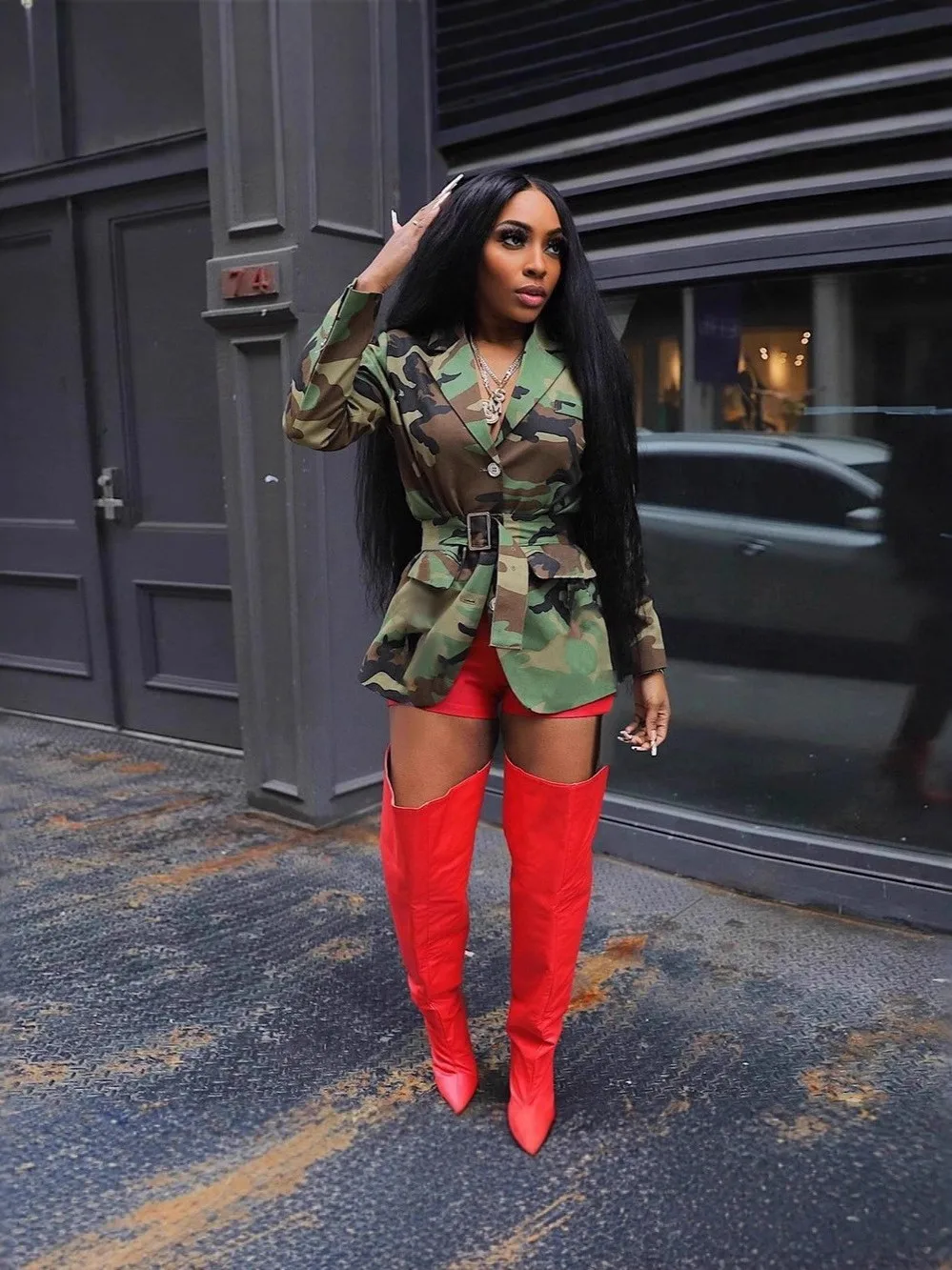 

Camouflage irt Jaet with Belt Long Sve Thiened Cotton Women's Outerwear Spring Season Regular Sve pe