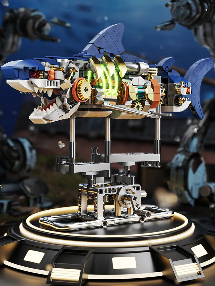 Idea Tiefsee-Kampf-Mecha-Fisch Baustein-Set Mechanischer Hai-Roboter Mech-Modell Bausteine Konstruktionsspielzeug Sammlung mit Licht – Detail 1