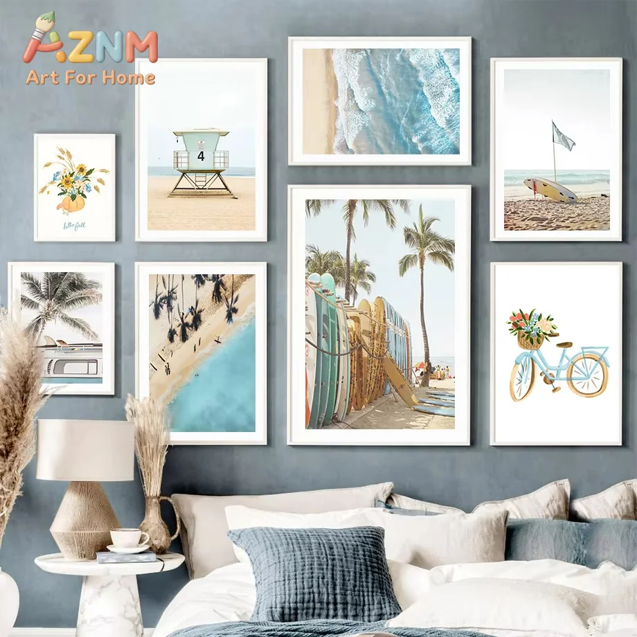 1PC Coastal Beach Wall Art Summer Surf Canvas Prints Neutral Palm Tree Ocean Posters Lifeguard Tower Surfboard Bedroom Decor