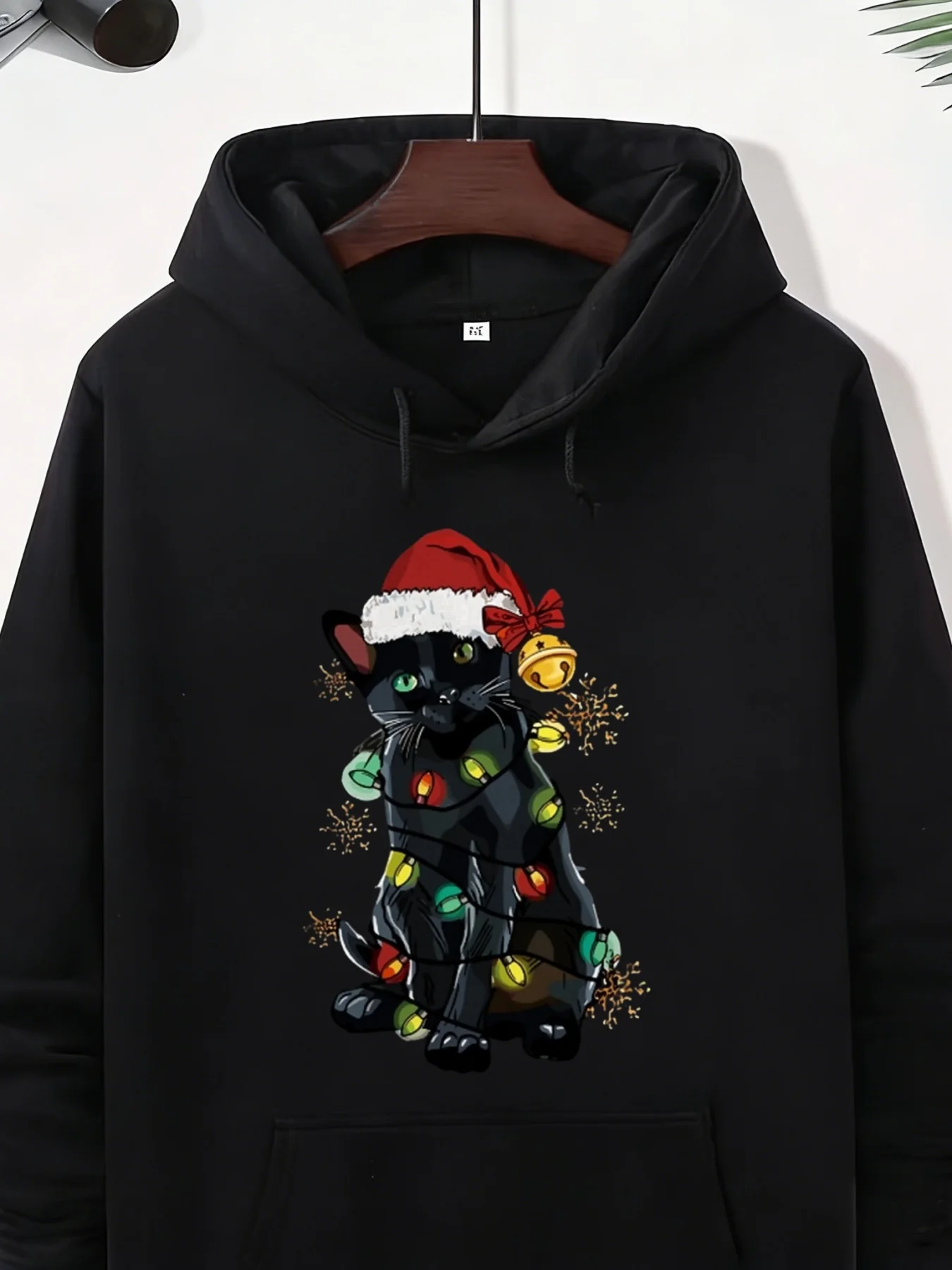Men's Christmas Cat Hoodie with Black Cat and String Lights Print, Christmas Hat and Bell Design - Loose Fit Hooded Design, Perfect for Cat Lovers, Machine Washable Winter Gift, Suitable for Outdoor Activities and Casual Wear