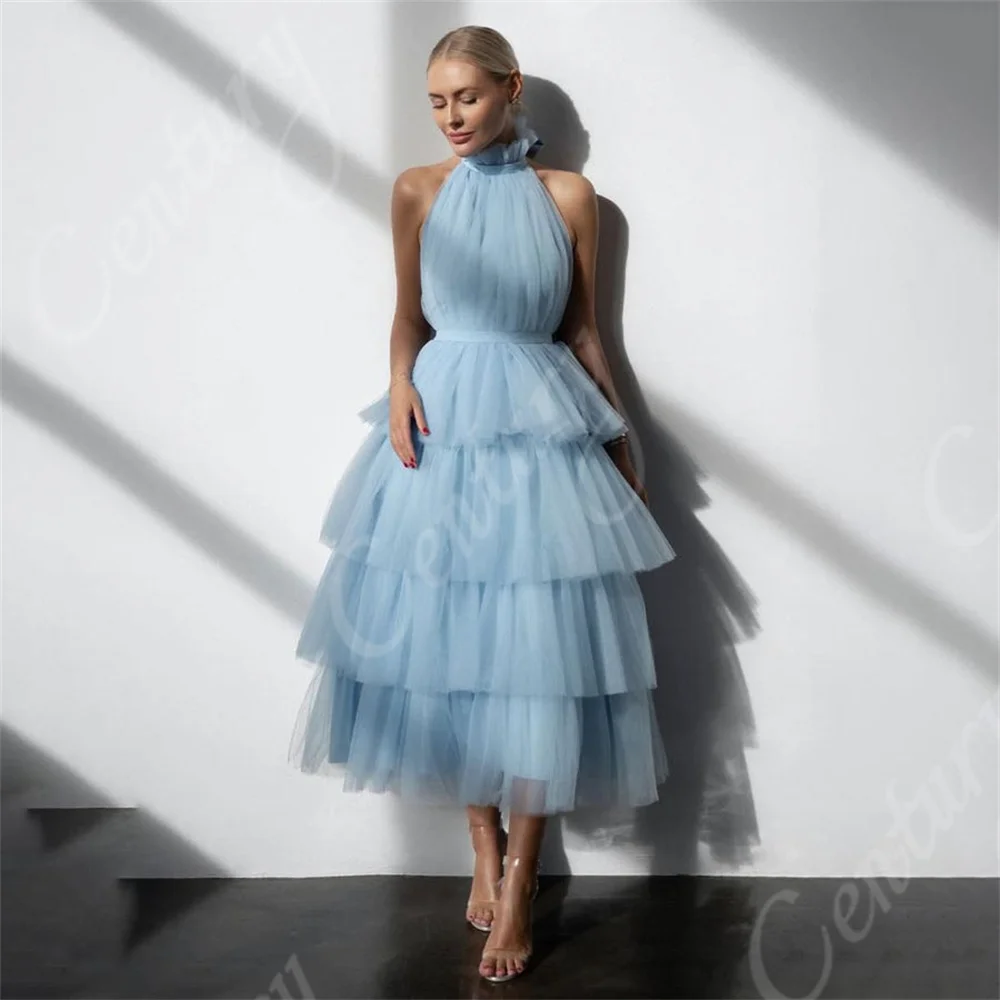 

Sexy Backless Tulle Women Evening Dress Tiered A Line Sleeveless Celebrity Dresses Halter Sleeveless Short Prom Party Gowns