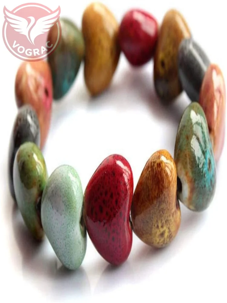 VOGRAC Colorful Ceramic Beads Strand Stretch Bracelet, Handmade ceramic bead bracelet,Shapes Elastic Hand Chain for Women