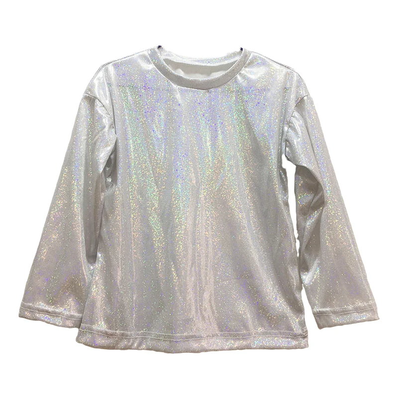 Abbigliamento per bambini adulti Costumi di danza jazz hip-hop per bambini T-shirt metallizzata lucida di Halloween Top da ballo scintillanti Manica lunga da strada