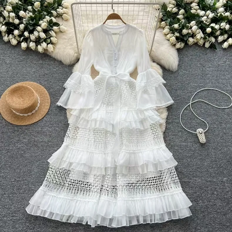 

Long Dress Women Cake Dresses A Line Vestidos V Neck Flare Sleeve Maxi Hollow Out Lace Elegant Y2k Party Night High Waist 2025