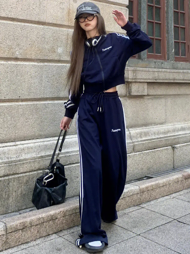 Y2K Kpop Tracksuit Pant Sets Women Korean Style Two Piece Set Wide-leg Pants Harajuku Baggy Cropped Striped Zip Up Sweatshirts