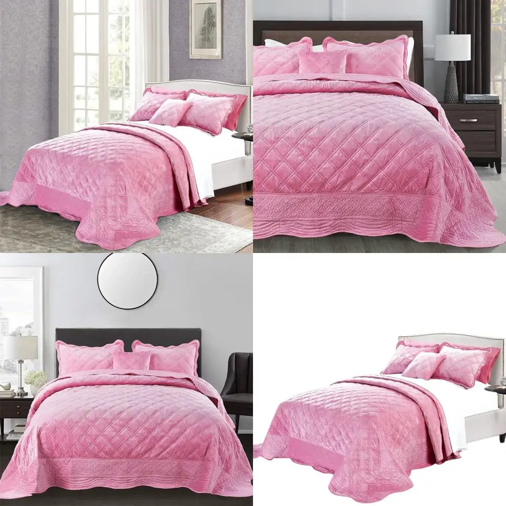 

Oversized King Pink Diamond Plaid Bedspread Set, 120 x 120, Plush Cozy Quilt with 2 Shams & Pillow