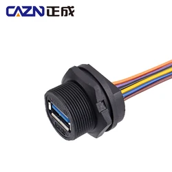 CAZN Waterproof IP67 IP68 USB 3.0 Female Rear Mount Receptacle with Wire 0.2 Meter Threaded
