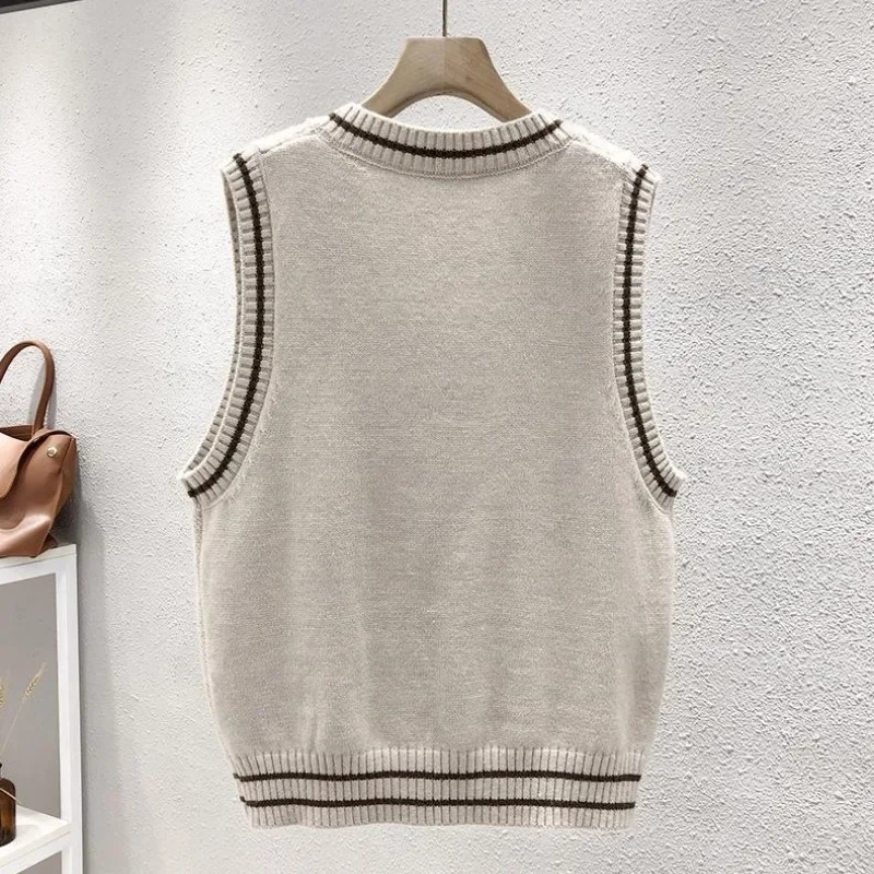 Women\'s Pullover V-neck Patchwork Screw Thread Twist Knit Spring and Autumn Loose Fashion Sleeveless Striped Sweater Vest Tops