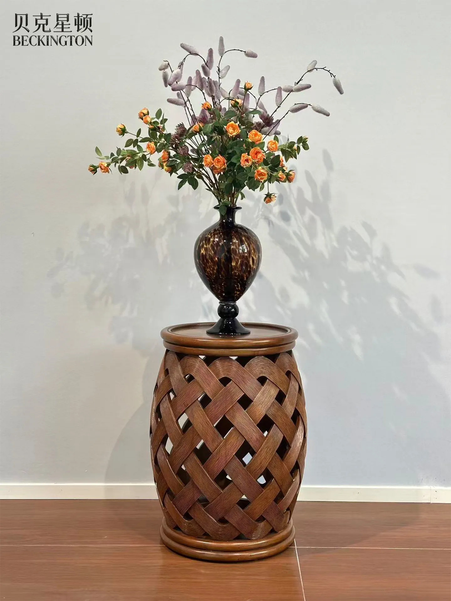LD retro natural rattan hollow drum-shaped edge few solid wood round small coffee table