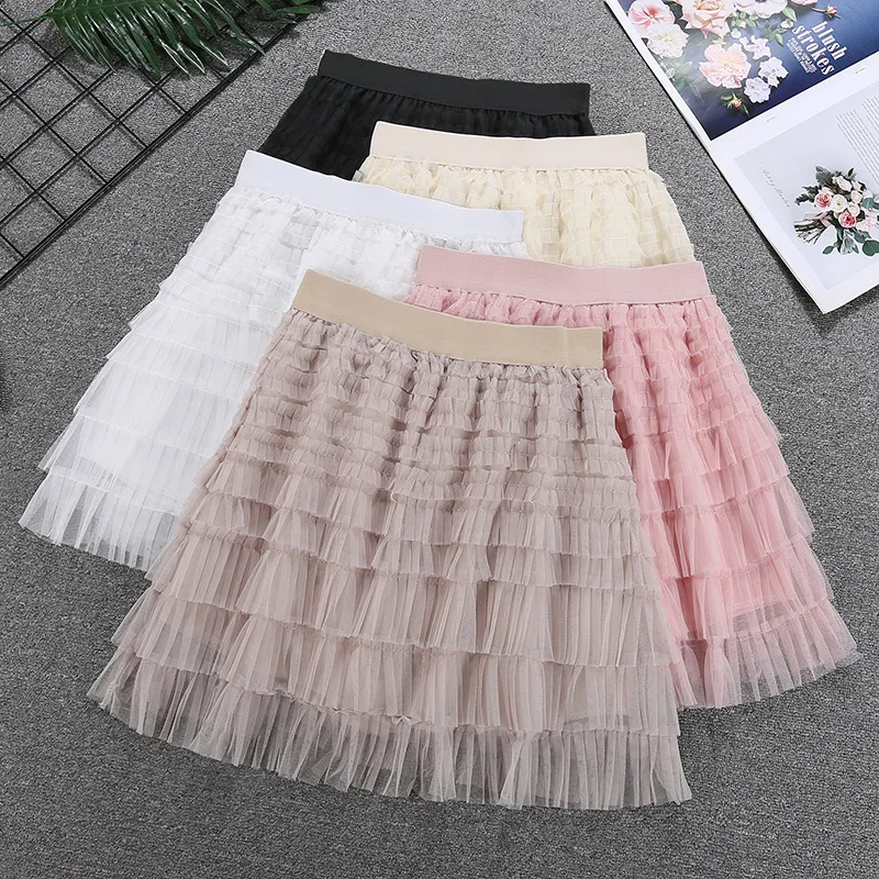 

Autumn Korean Style Mesh Puffy Cake Mini Skirt Kawaii Cute Elegant Vintage Elastic Waist High Waist Ball Gown Gauze Tulle Skirt