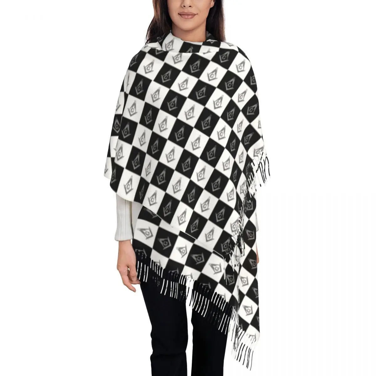 Custom Lady Large Freemasons Checkered Black And White Pattern Scarves Winter Thick Warm Tassel Shawl Wrap Masonic Mason Scarf