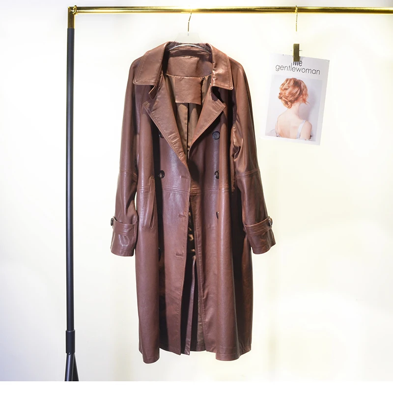 Trench-Coat Long en peau de mouton pour femme, veste en cuir à Double boutonnage, ample, Texture cireuse, Style britannique, automne hiver
