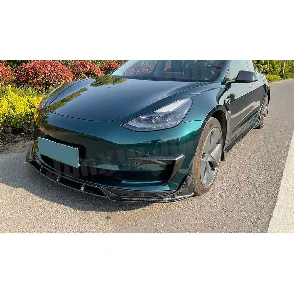 ABS Carbon Look/Gloss black Front Bumper Lip Spoiler for Tesla Model 3 Head Chin Guard Car Styling 3Pcs/Set