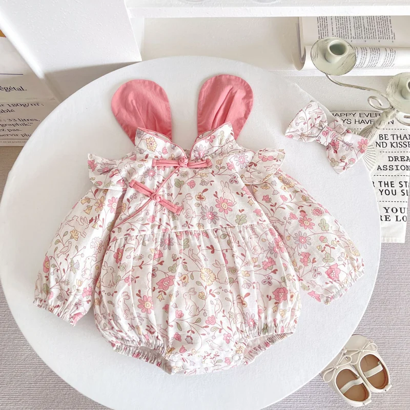 Baby Super Cute Romper Spring Girl Baby Chinese Style Slant Collar Cartoon Jumpsuit Stylish Floral New Style