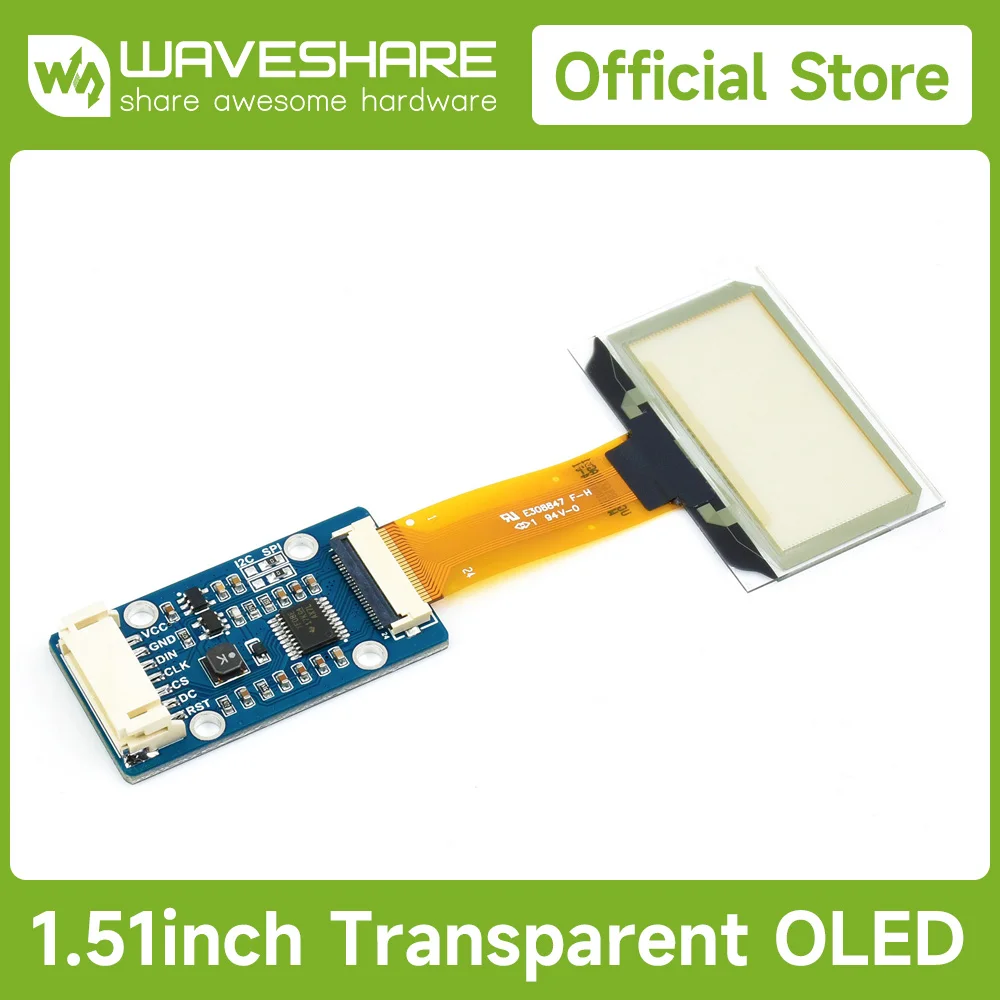 Waveshare 투명 OLED 모듈, 1.51 인치, 128 × 64 SPI, I2C 연청 컬러 디스플레이, 라즈베리 파이, 아두이노용 예제와 함께 제공 