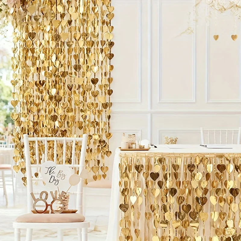 1-Pack Golden Plastic Eternal Love Shimmering Heart Wall Curtain - Sparkling Banner, Suitable for Weddings,  Birthday Parties