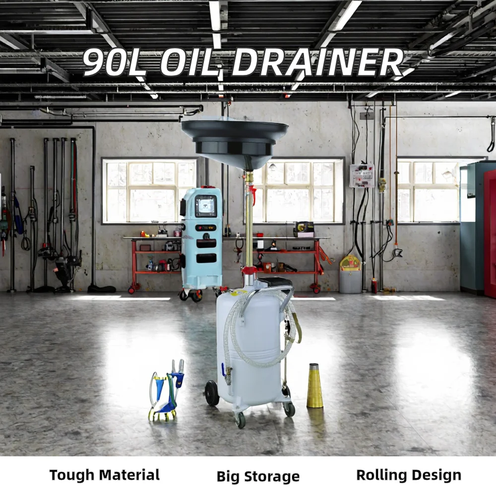 Waste Oil Drain Tank 90L Metal Black Air Operated Drainer for Car Oil Change and Fluid Fuel Transfer