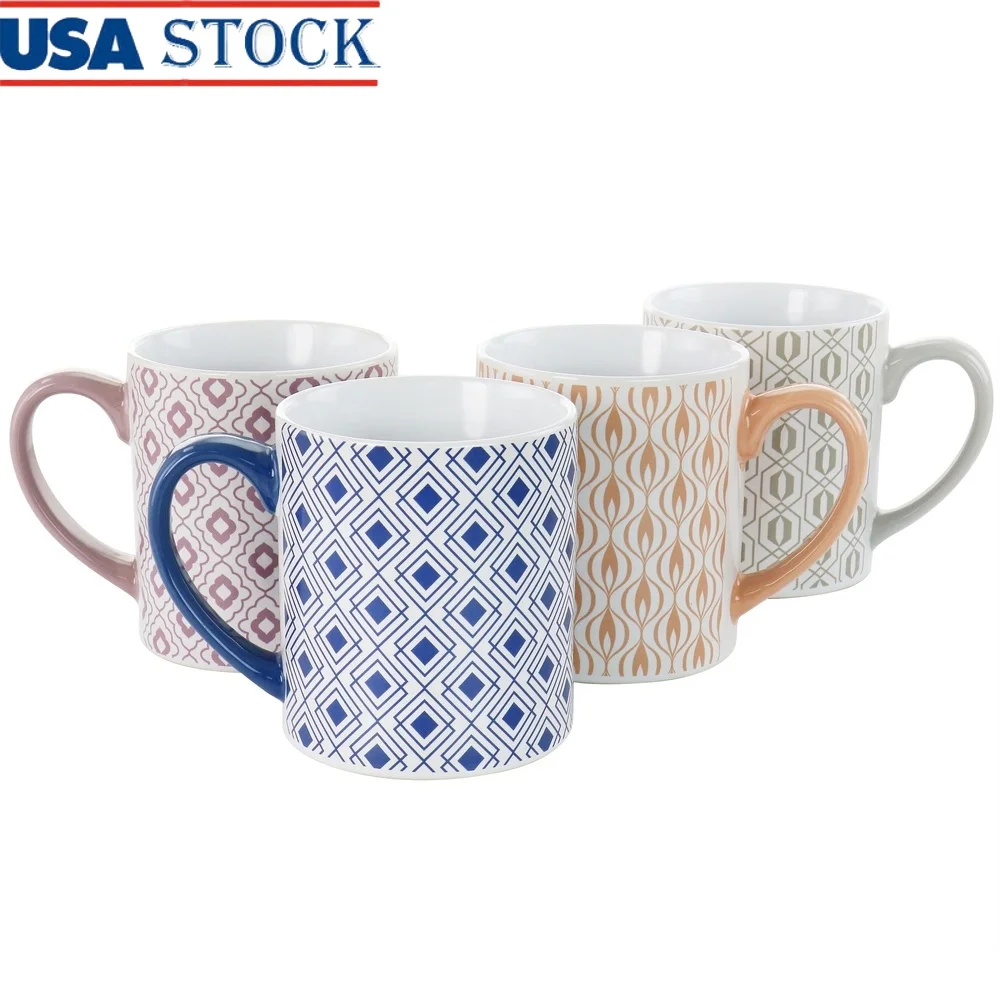 

4 Piece 20oz Can Shaped Stoneware Mug Set Unique Geometric Designs Dishwasher Microwave Safe Perfect Coffee Tea Hot Cocoa