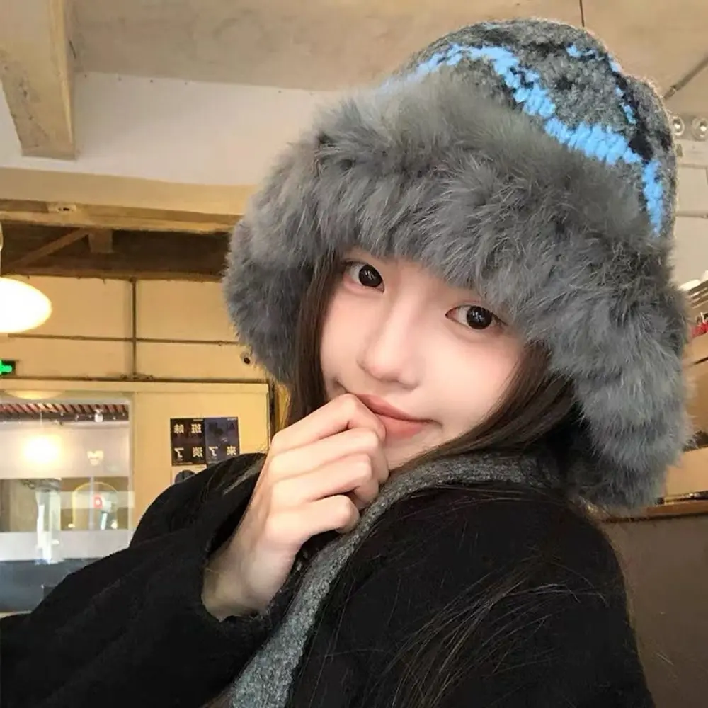 

Casual Ethnic Style Knitted Plush Hat Thicken Warm Pullover Beanie Hat Retro Windproof Faux Fur Lei Feng Hat Outdoor