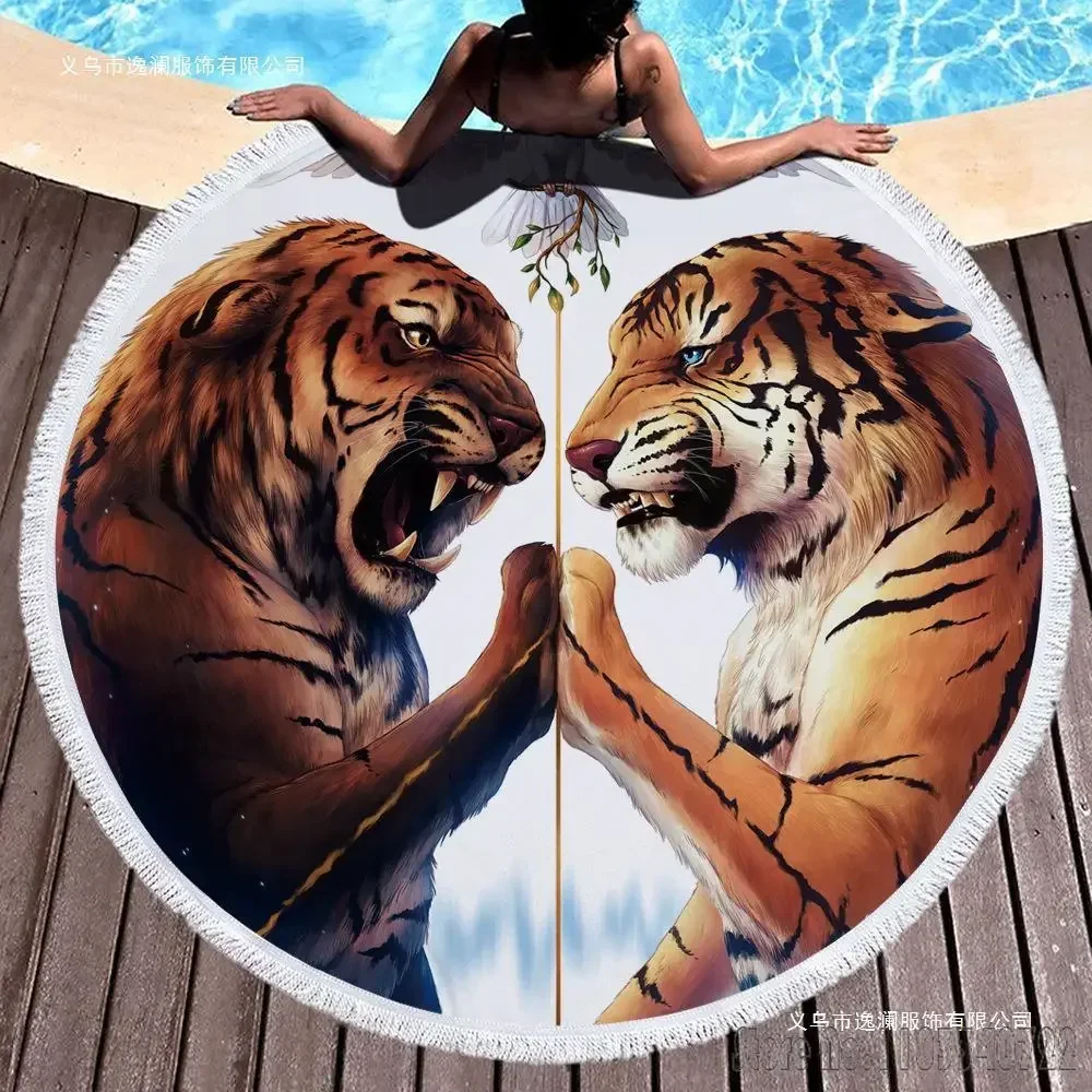 Various animals Wolf King Tiger Round 150cm Beach Towel Microfiber Children Kids Swimming Hawaii Bath Towel With Tassel