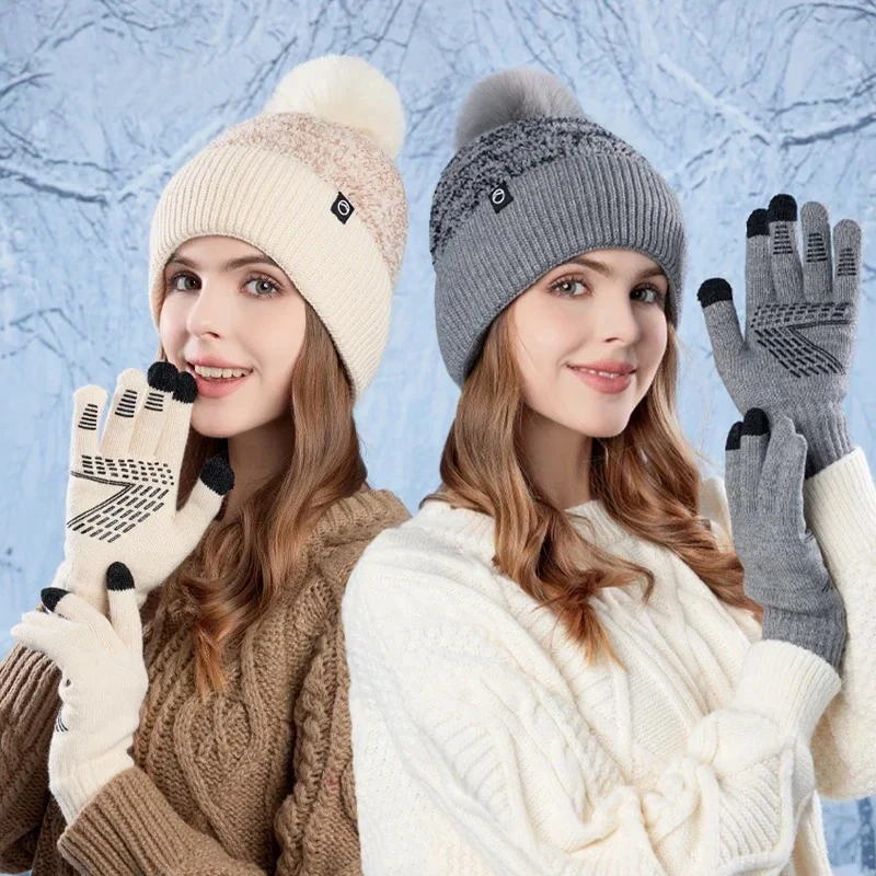 

winter cold proof warm keeping ear-protecting hooded hat knitted touch-screen gloves versatile fashionable added fleece thickene