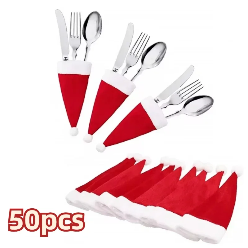 Merry Christmas Decoration 2024 Christmas Tableware Bag Holder Christmas Hat Fork Knife Cutlery Bag Ornament Decor