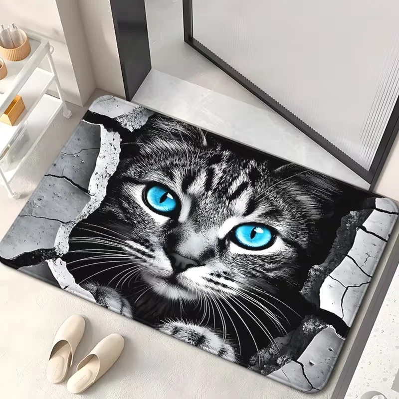 Realistic Tabby Cat Crack-Effect with 3D Blue-Eyed Kitten Design - Non-Slip Mat for Outdoor Use Mat for Entrance, Bathroom Mat
