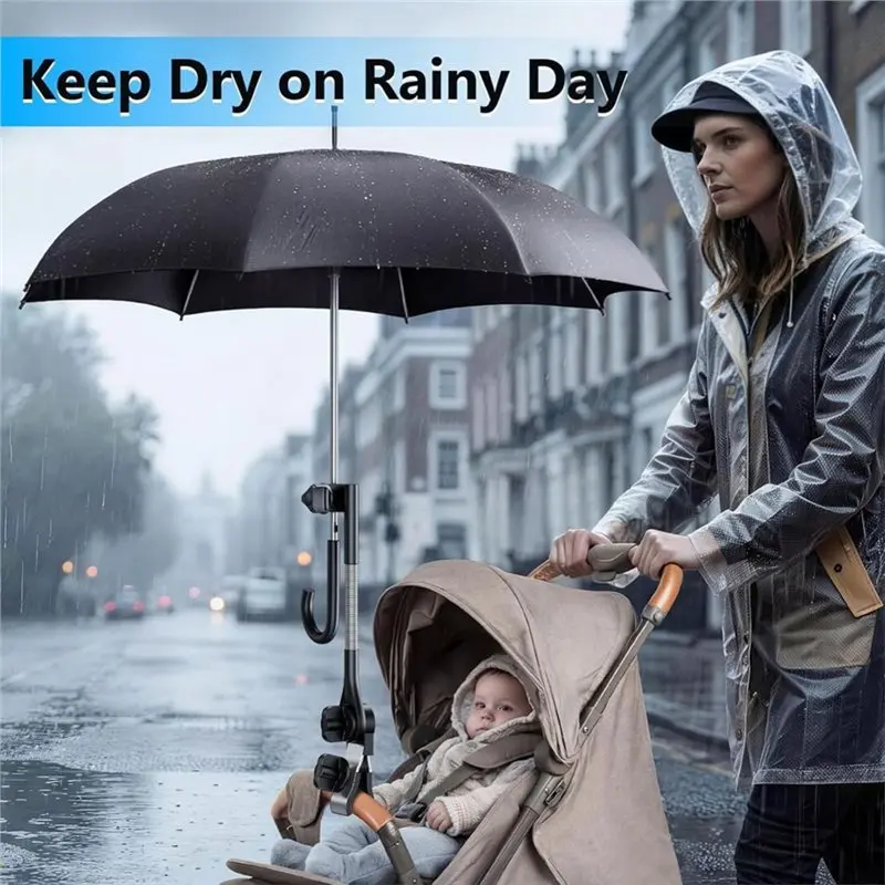 X18A-Stroller Chair Umbrella Holder , 360° Adjustable Clip On Umbrella Attachment, Universal Golf Cart Umbrella Clamp Mount