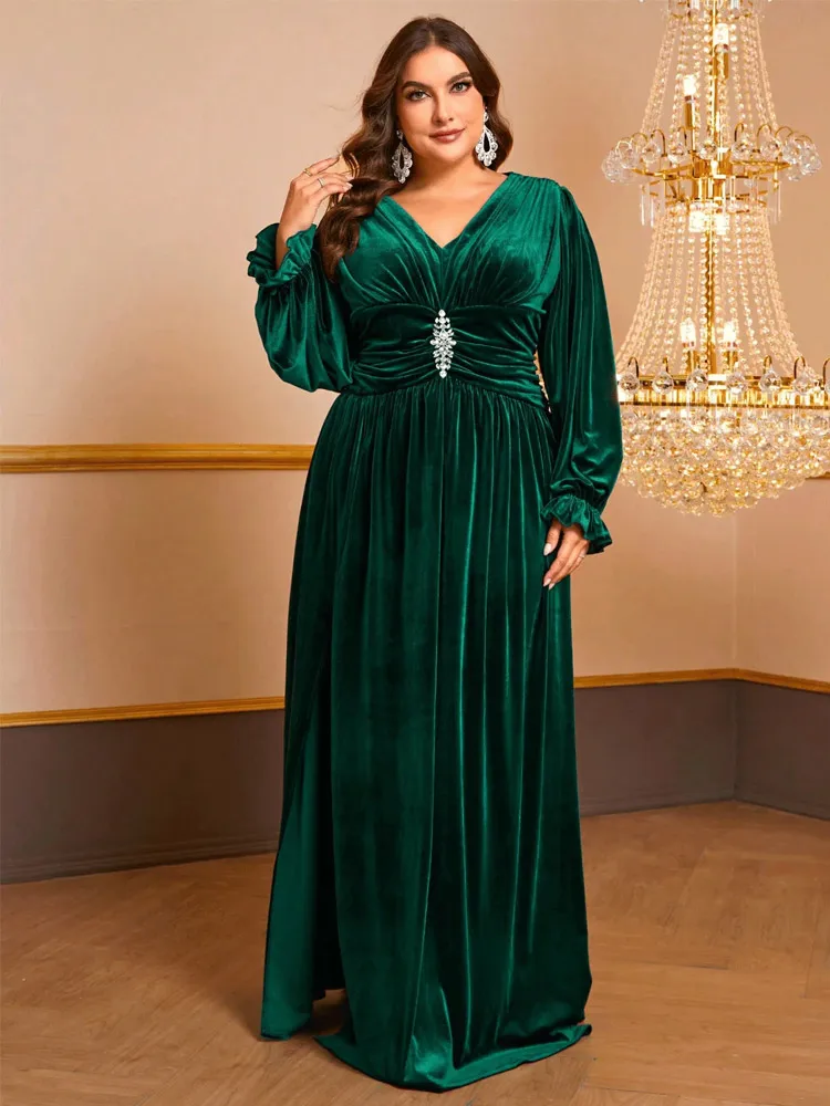 S-7xl V-Neck Long-Sleeved Velvet Floor-Length Autumn And Winter Evening Dress Plus Size Elegant Dark Green Velvet Dress Women