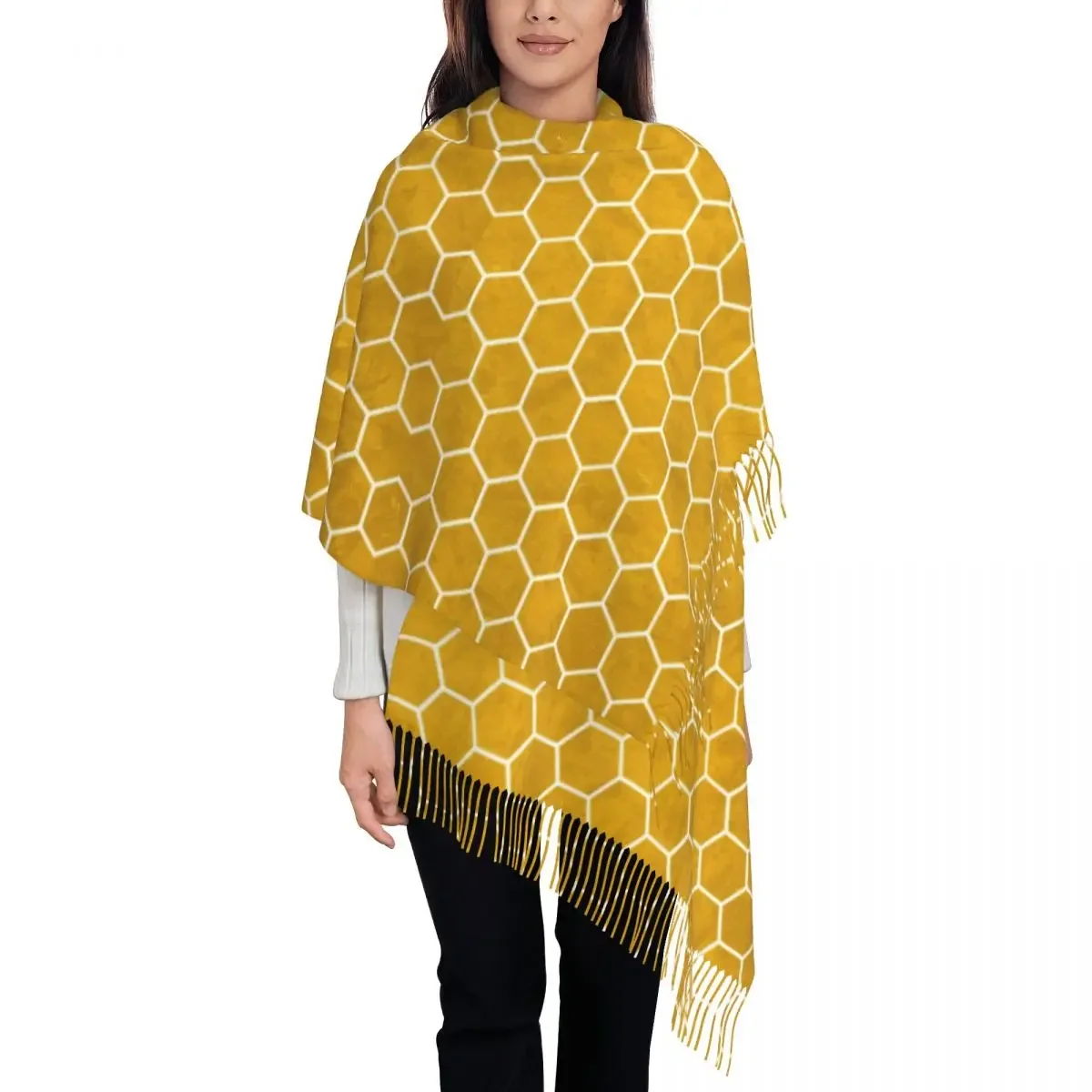 Geometry Print Scarf Womens Yellow Hexagon Large Scarves with Long Tassel Autumn Retro Shawl Wraps Outdoor Graphic Foulard