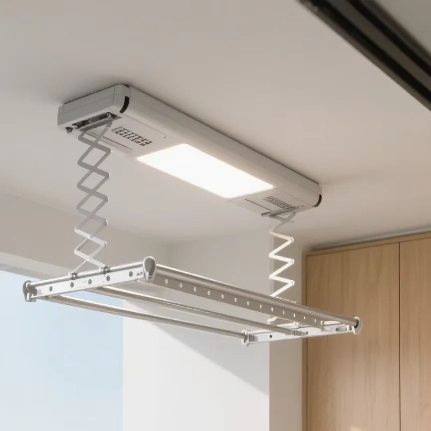 Energy-Efficient Motorized Foldable Heating Ceiling Clothes Drying Rack With LED Lighting For Balcony Use