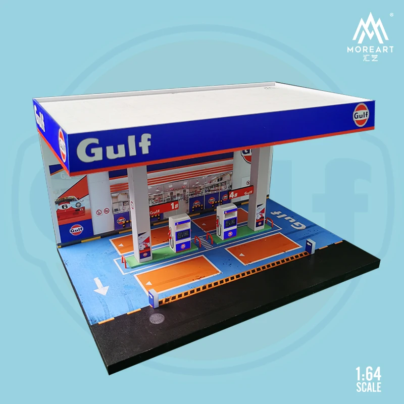 MoreArt 1/64 Car Model Scene Gulf Gas Station PVC Diorama Scene Storage Box Theme Display Cabinet Case Toy Gift (without car)