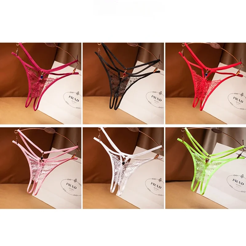 Sexy Lace Thong Women Lingerie Cross Straps Ultra-thin Hollowed Out Seductive Underwear G-String Jewels T-back Hot Wife Gift