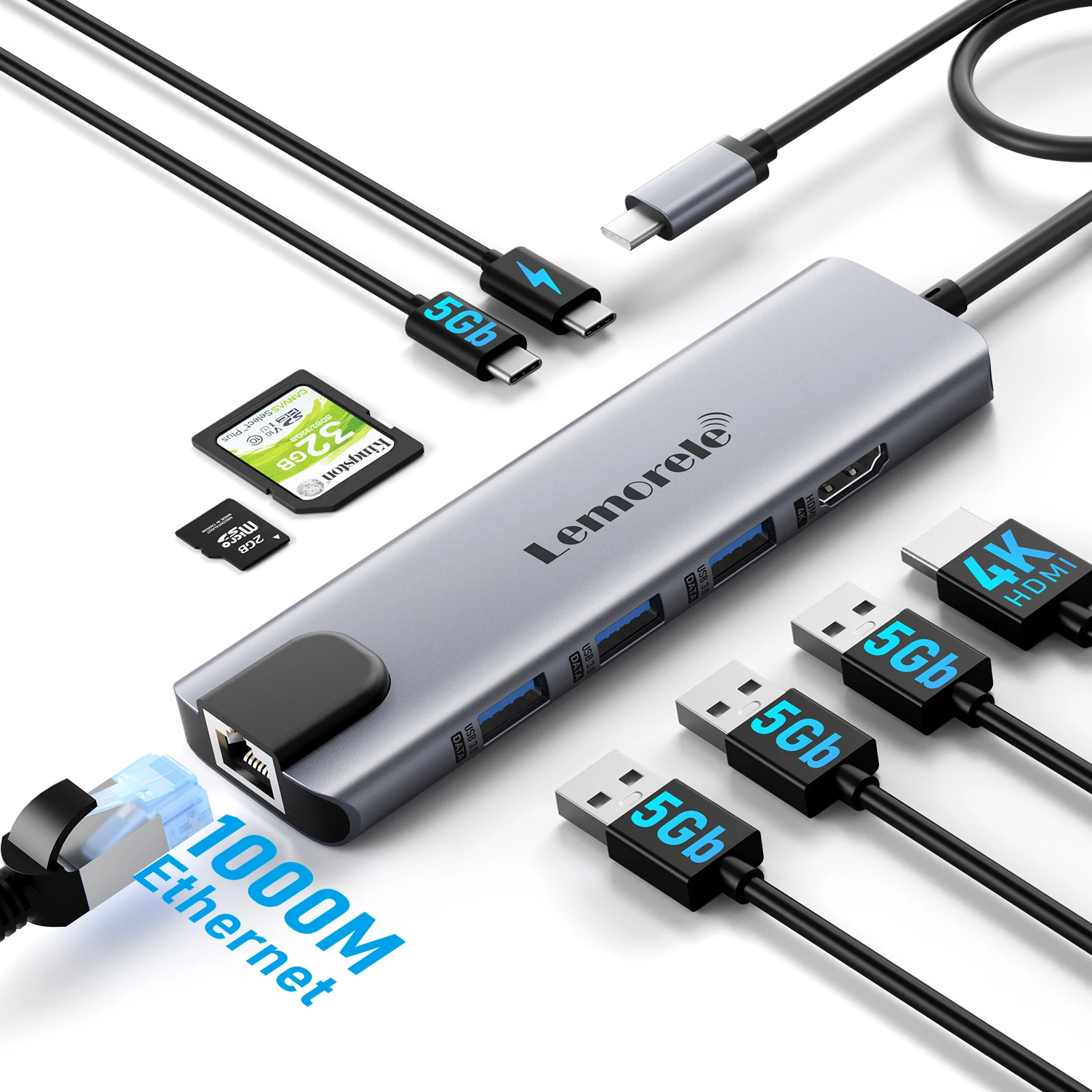

Док-станция Lemorele TC39 9-в-1, концентратор USB 3.0, адаптер HDMI Type C, USB C 3.0, 5 Гбит/с, PD, порошок для Windows, MacOS, ноутбука Apple