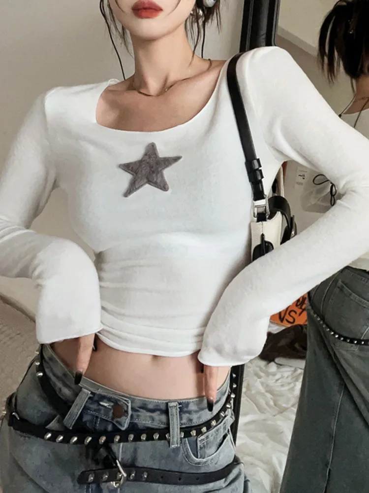 

2023 Harajuku Long Sleeve T Shirt Fairy Grunge Star Printed Goth Women Korean Fashion Casual Tops Sexy Slim Tees Ladies Crop Top