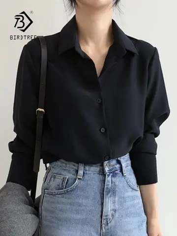 Nouvelle arrivée, chemisier en mousseline de soie noir uni pour femmes, chemise décontractée à manches longues, hauts chics de style coréen pour femmes, Blusa féminine