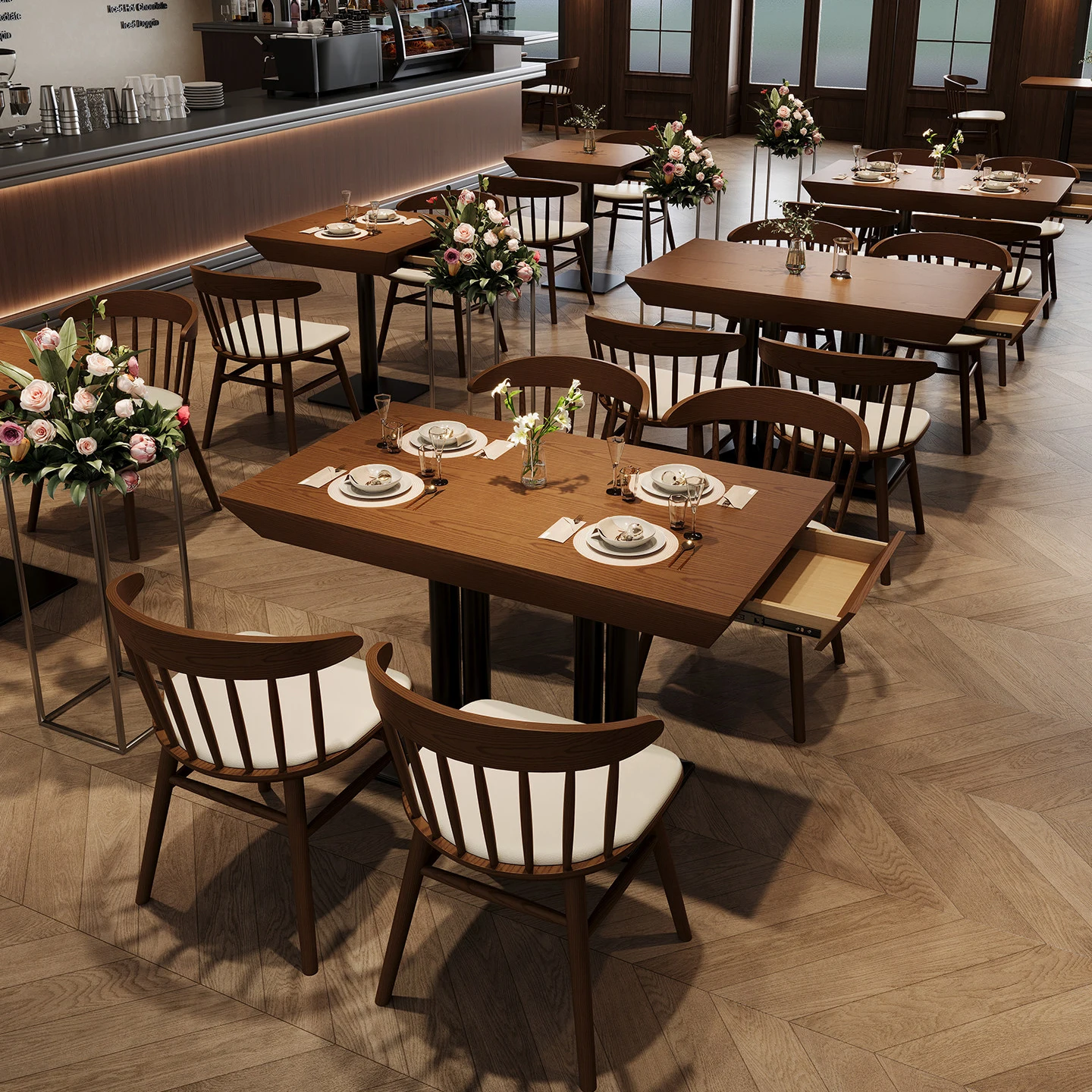 Restaurant Table Chair Set Rectangular Solid Wood Metal Frame with Drawers Hotel