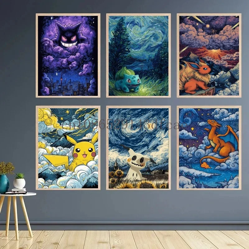 

Van Gogh Museum Pokemon Anime Figures Pikachu Watercolor Painting Canvas HD Posters and Abstract Art Murals Picture Home Decor