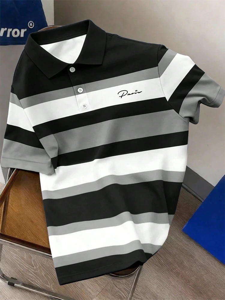 Men's Striped Print Short-Sleeve Polo Shirt Summer Outdoor Casual Collared Short-Sleeve T-Shirt New Arrival Mens Fashion T-Shirt