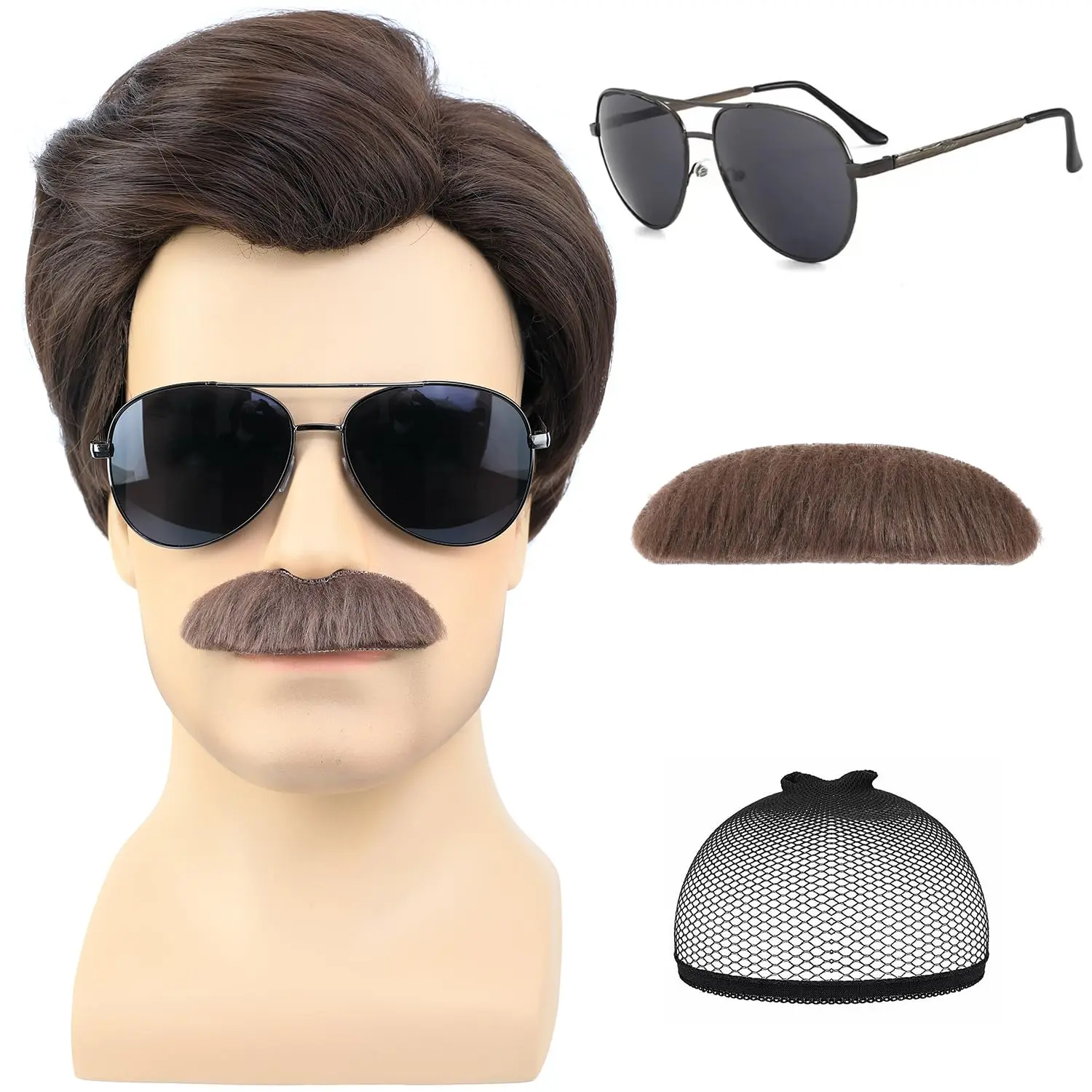 Synthetic Short Brown Men Wig with Msutache and Sunglasses for 70s 80s Costume Cosplay Halloween Party Ted Lasso Cosplay Wig