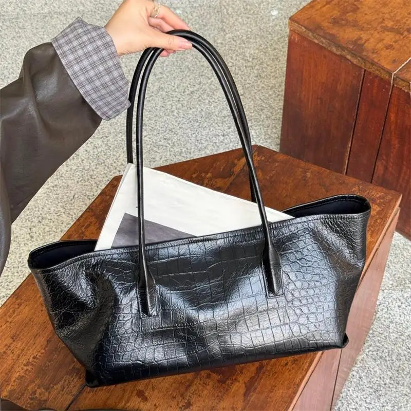 Brand PU Soft Leather Women's Tote Bag Minimalist Large Capacity Lightweight Waterproof Travel Bag Crocodile-embossed Handbag