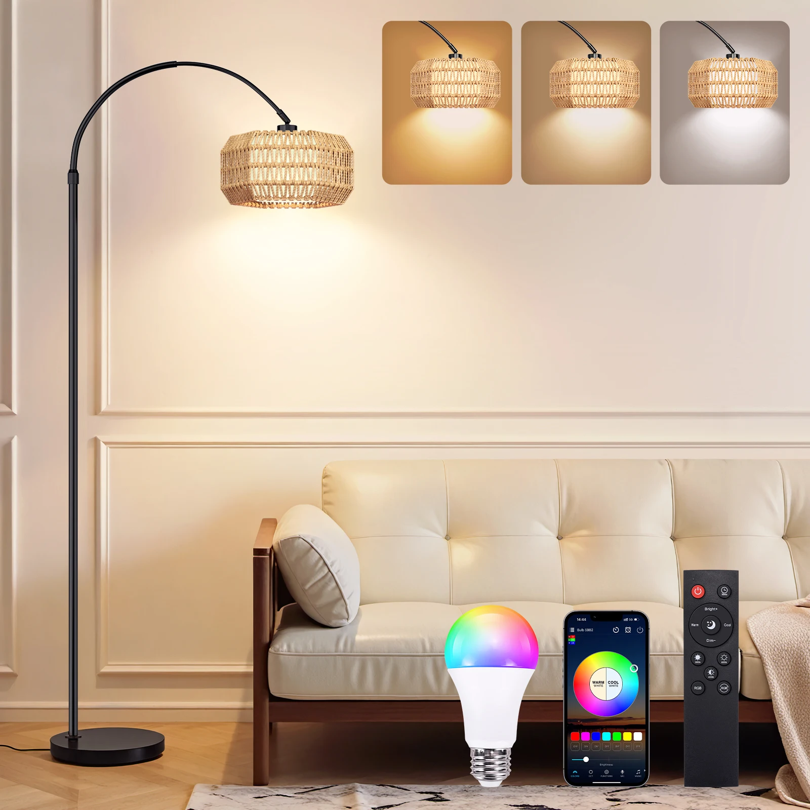 Lámpara de pie LED RGB inteligente moderna con Control de aplicación remota/atenuación continua/impostación de temporizador/función de memoria para el hogar y la sala de estar