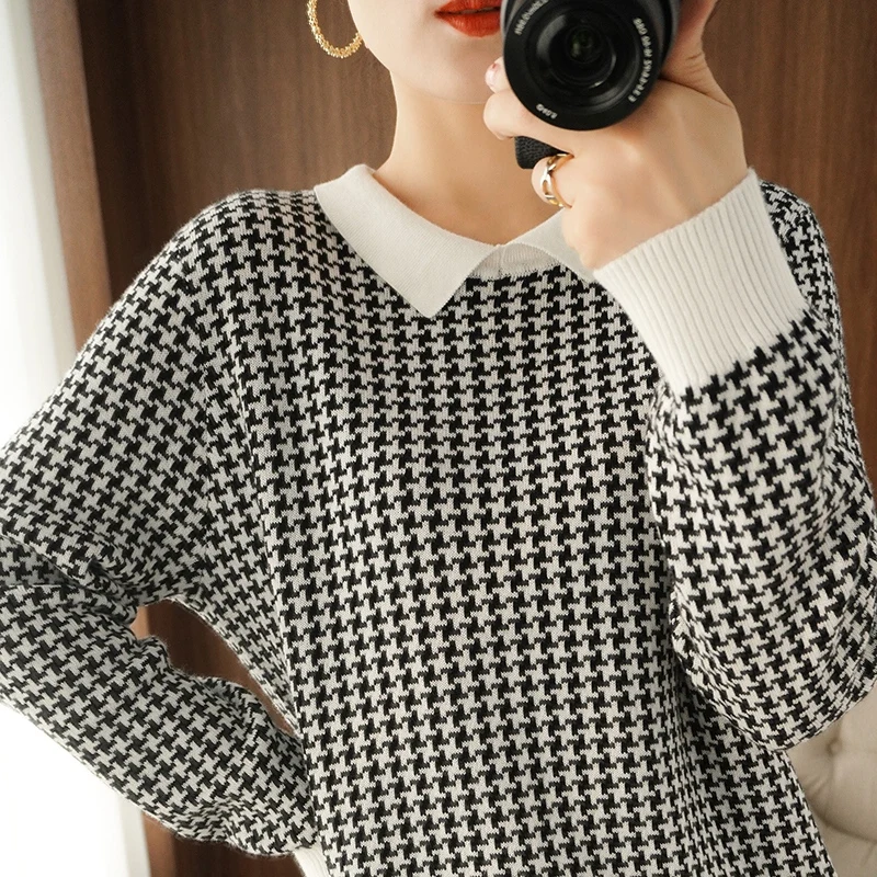 

Women's Pullover Spring/Autumn New Style 100% Cotton Sweater Casual Houndstooth Knitwear Ladies' Tops Loose Doll Collar Blouse