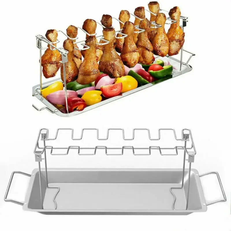 Stainless Steel Chicken Wing Leg Rack Grill Holder with Drip Pan for BBQ US